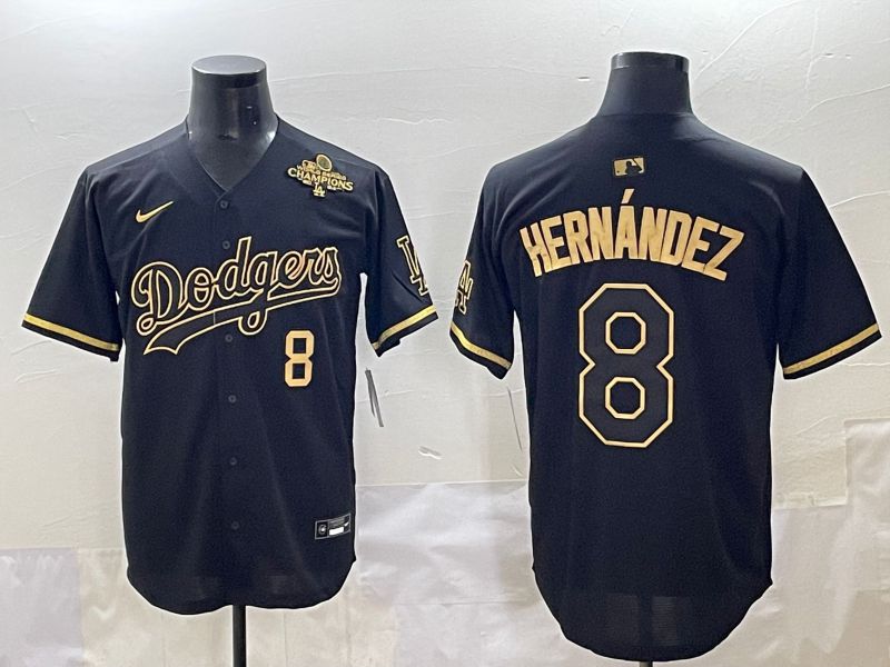 Men 2025 Los Angeles Dodgers 8 Hernandez Black Gold Five generations Nike MLB Jersey style 4
